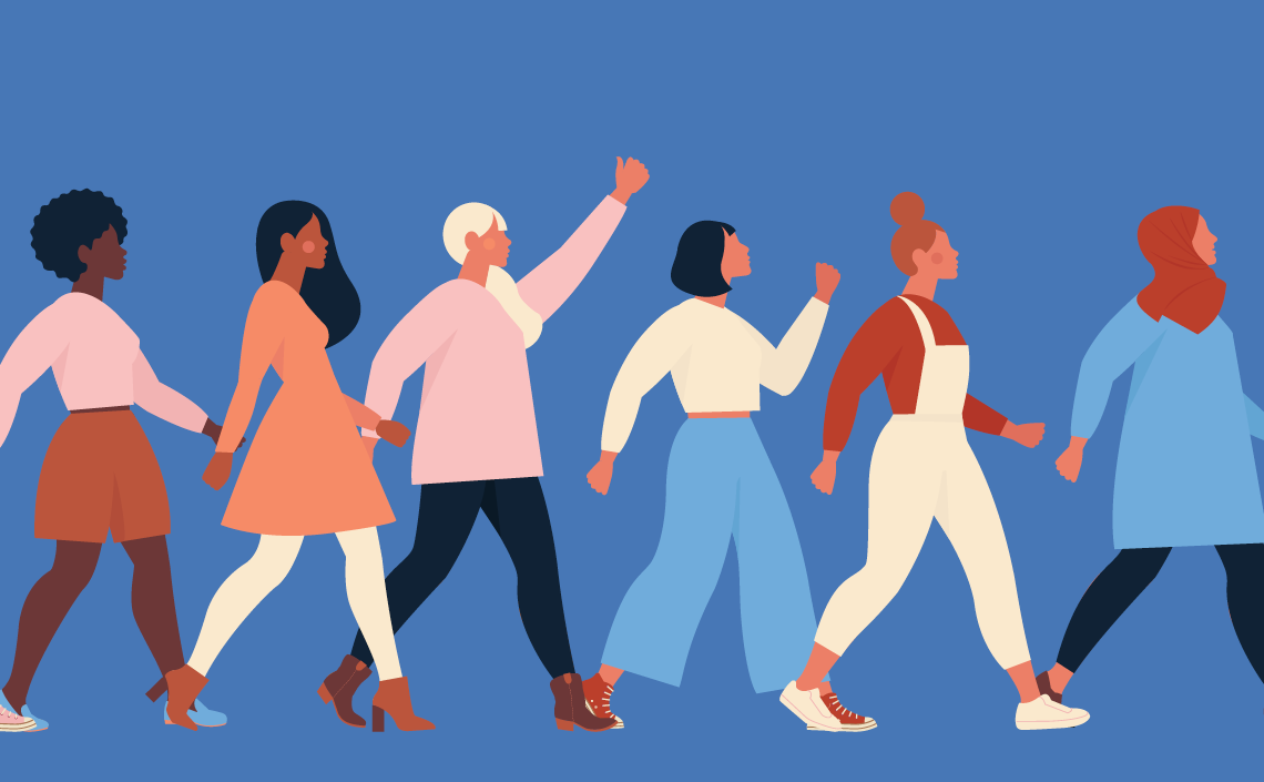 Illustration of profile view of multicultural women walking in a line