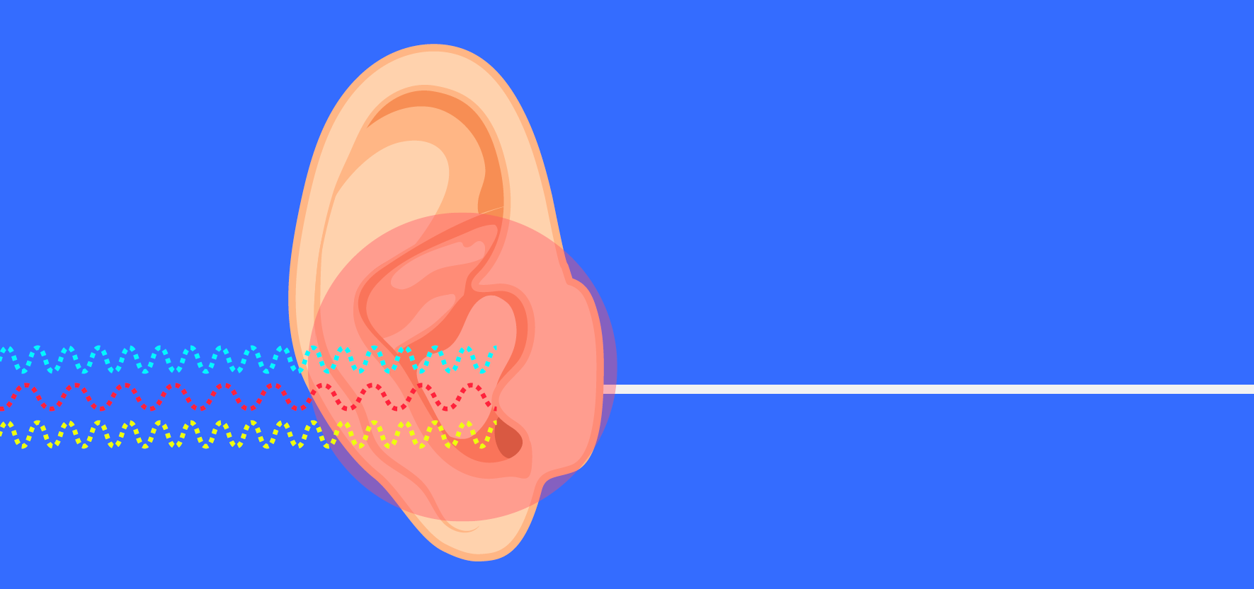 A stylized illustration of a human ear with colorful, wavy lines representing sound waves entering it, set against a blue background